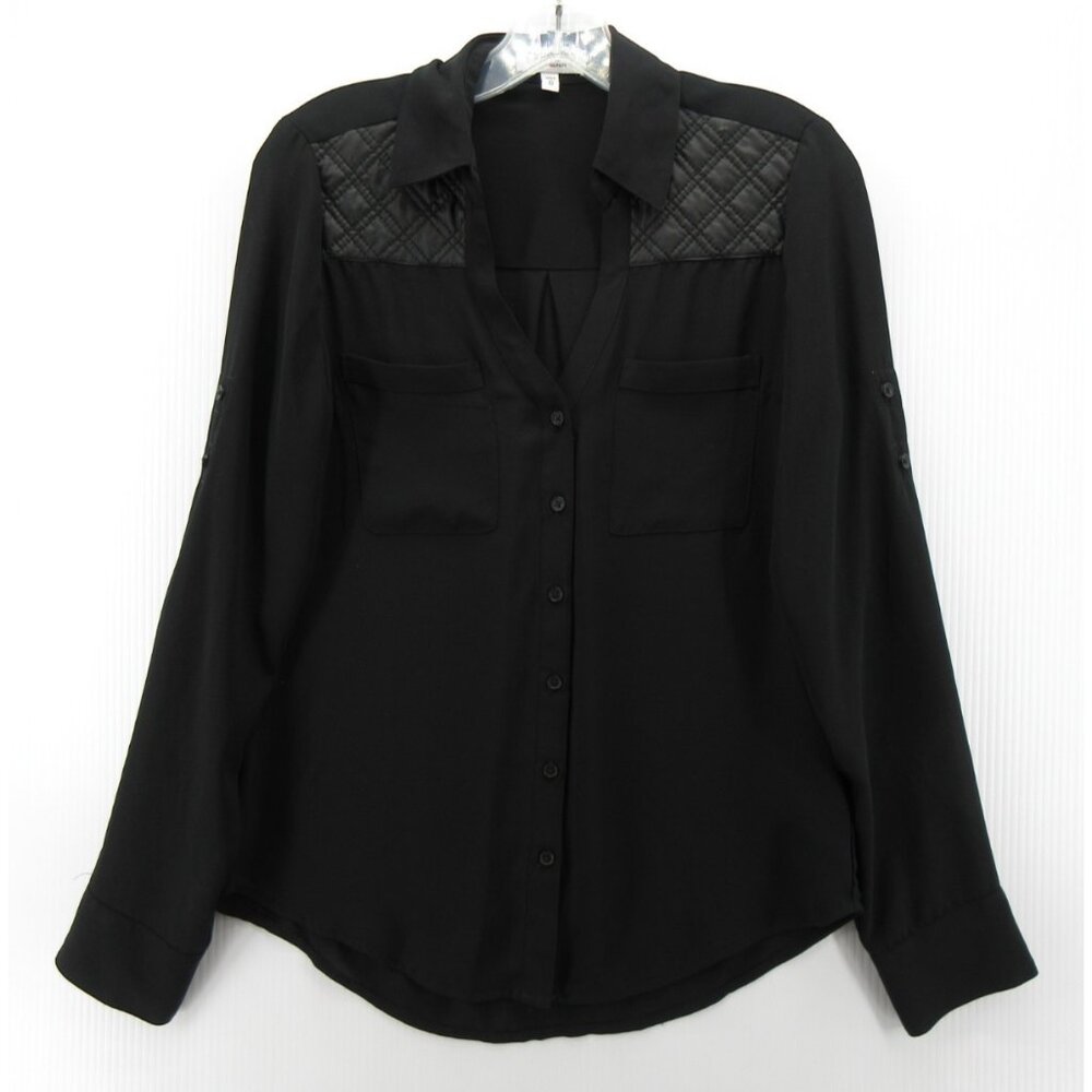 Express Top XS Portofino Blouse Button Up Roll Tab Faux Leather Trim